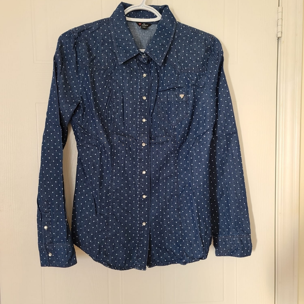 Guess Denim Polkadot Button Down Long Sleeve Shirt Blue Small